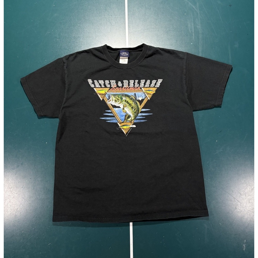 Vintage 90s Largemouth Bass Fishing T-shirt Men's Large Black Sportsman Fish